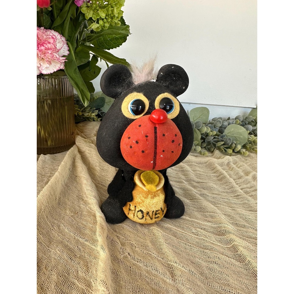 1970's 6 1/2" flocked Honey Bear Piggy Bank black bear‎ Japan mid century modern